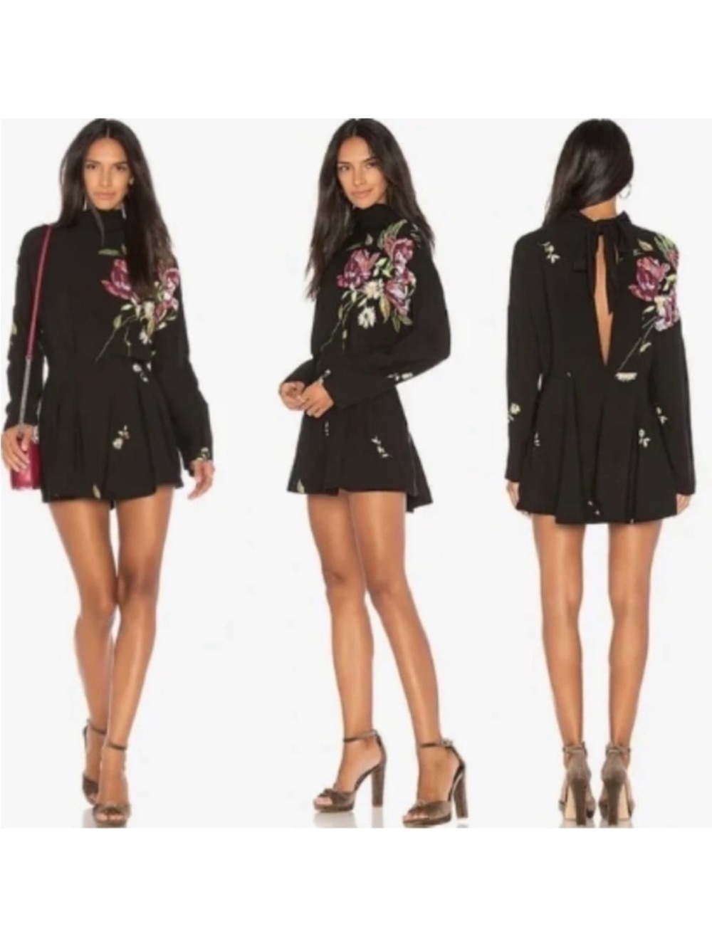 Free People Gemma Tunic Mini Dress Black Floral Back Neck Tie Whimsigoth Size S